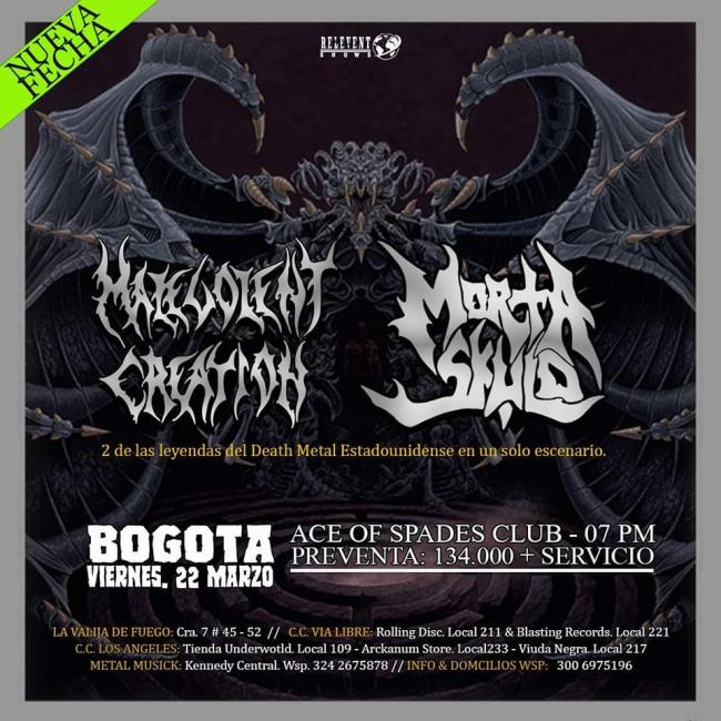Flayer evento Malevolent Creation y Morta Skuld en Bogotá Colombia