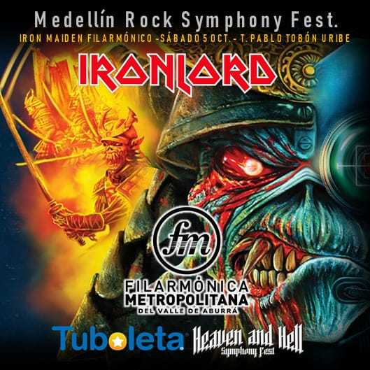 Flayer evento IRON MAIDEN, GUNS N’ ROSES, KISS & DEF LEPPARD FILARMÓNICO (MEDELLÍN ROCK SYMPHONY FEST)